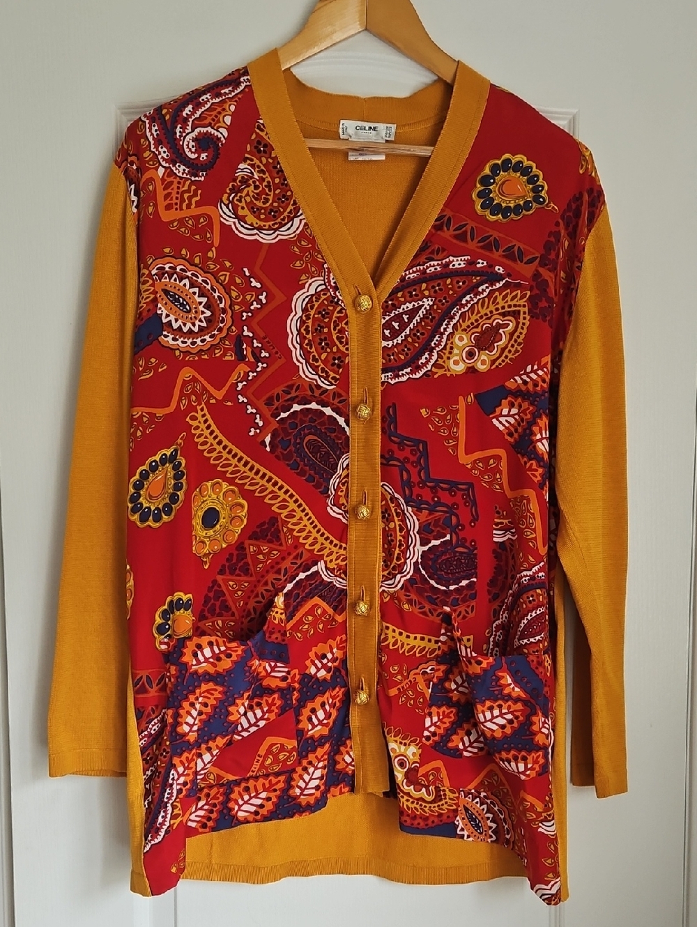 CELINE: Vintage rich red and orange jewel and paisley logo cardigan
